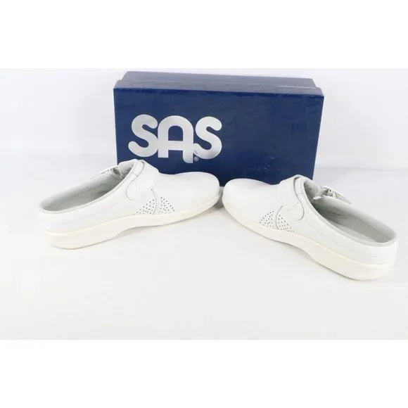New SAS San Antonio Shoemakers Womens 8.5 N Leather Buckle Clogs Shoes White USA
